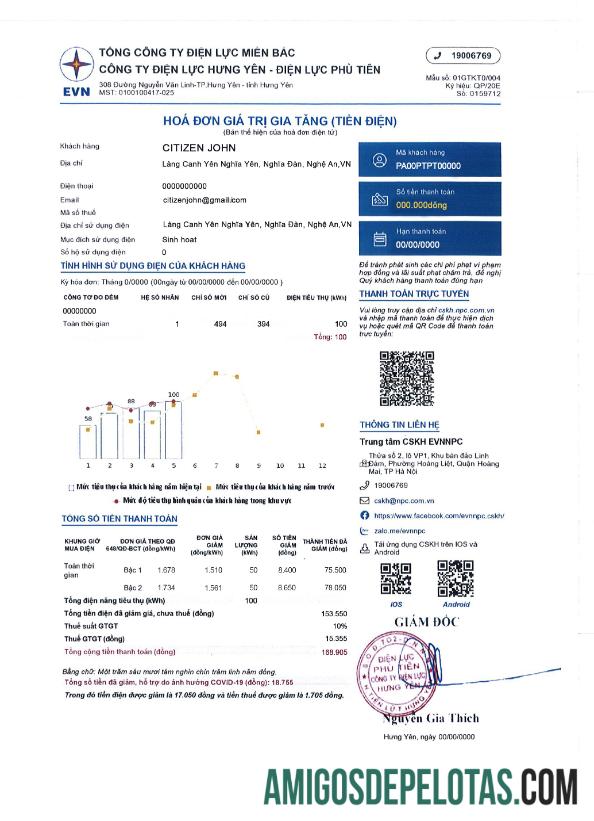 Vietnã EVN NPC NORTHERN POWER CORPORATION HUNG YEN POWER COMPANY PHU TIEN ELECTRICITY Conta de serviços públicos de eletricidade amostra